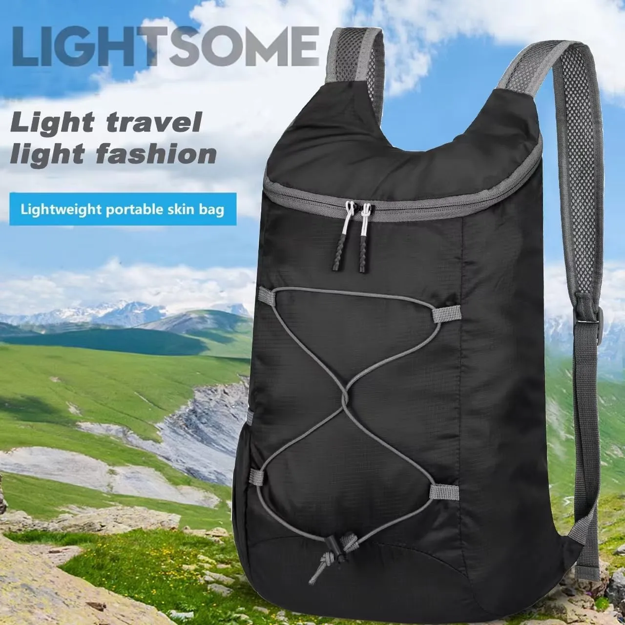 16L Hiking-Daypack Lightweight-Foldable Travel-Backpack Water-Resistant Camping Outdoor Packable Easy Carry-on Bag (Black&Gray)