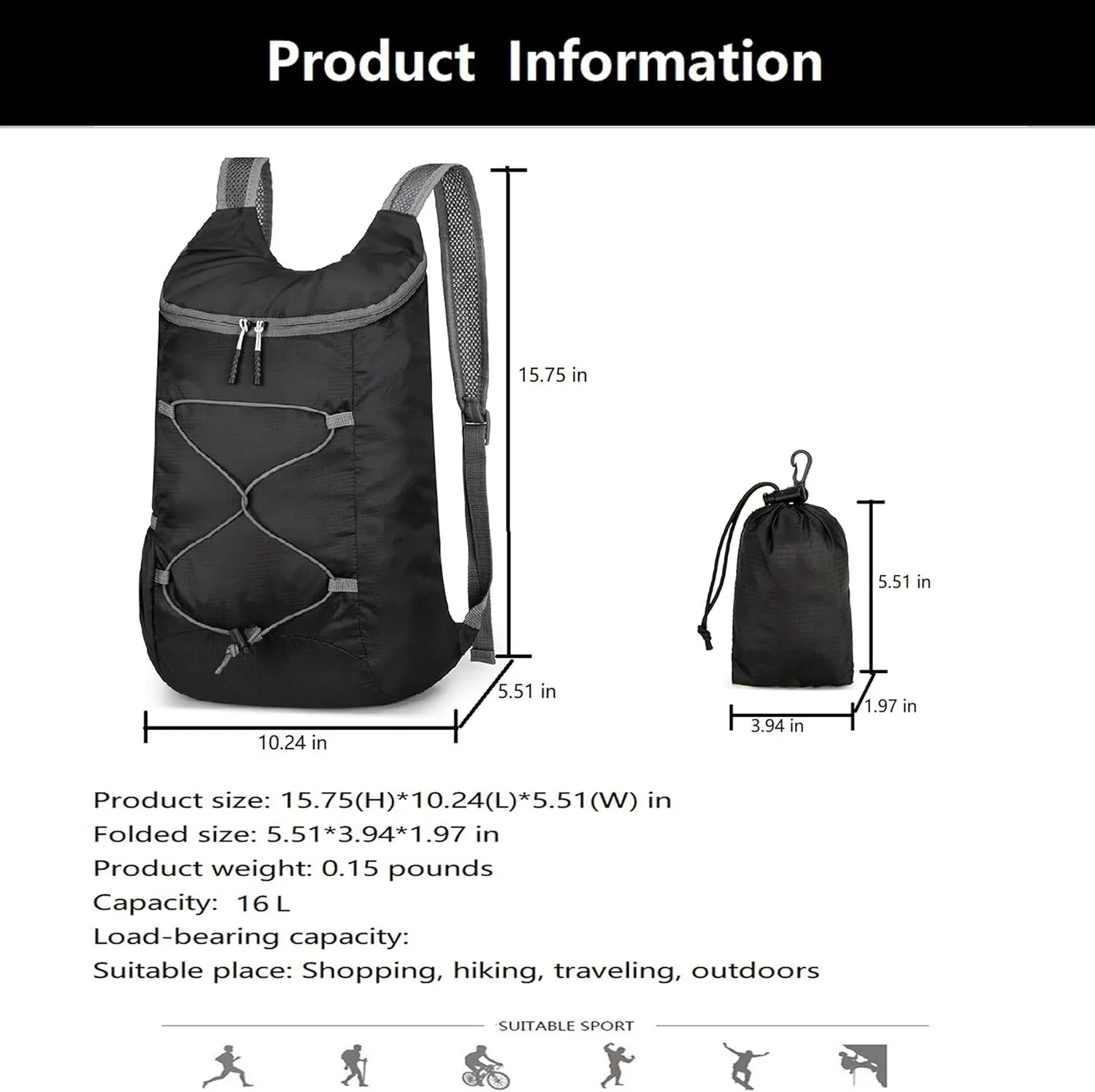 16L Hiking-Daypack Lightweight-Foldable Travel-Backpack Water-Resistant Camping Outdoor Packable Easy Carry-on Bag (Black&Gray)