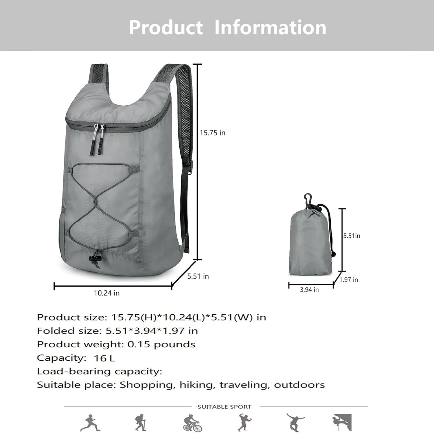 16L Hiking-Daypack Lightweight-Foldable Travel-Backpack Water-Resistant Camping Outdoor Packable Easy Carry-on Bag (Gray)