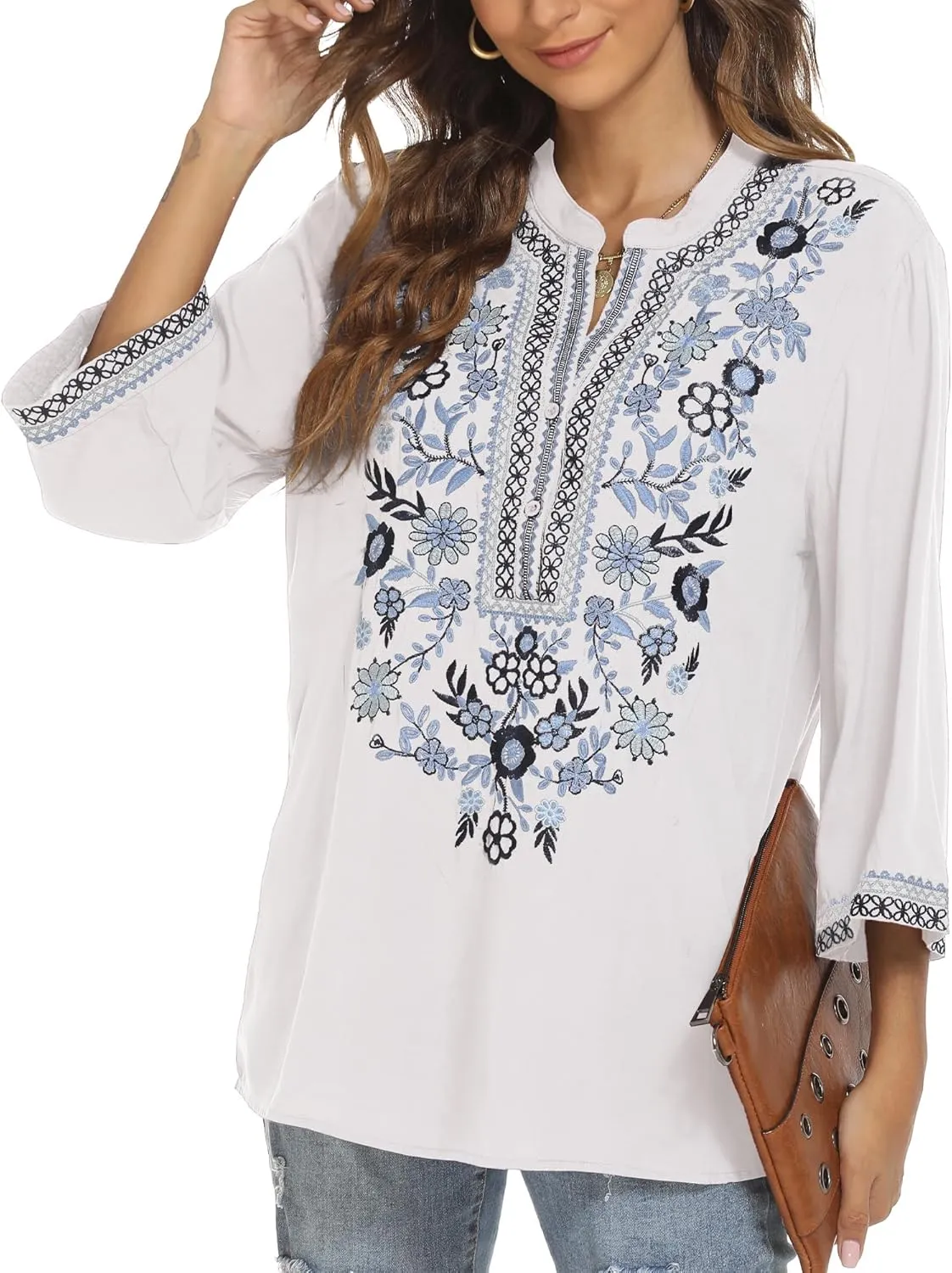 AK Embroidered Tops for Women 3/4 Sleeve Bohemian Mexican Floral Peasant Shirts Loose Tunic Blouses