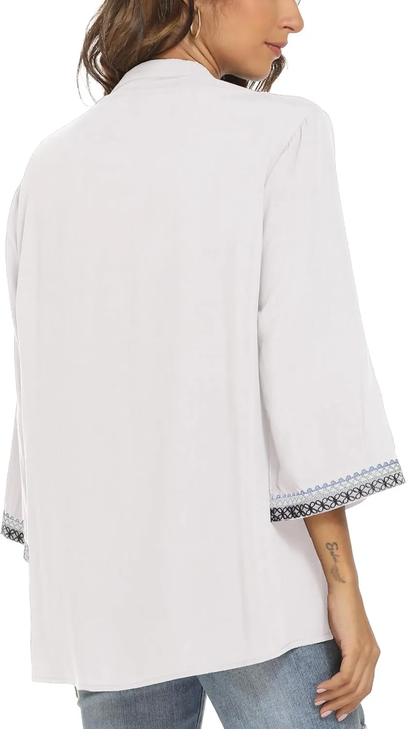 AK Embroidered Tops for Women 3/4 Sleeve Bohemian Mexican Floral Peasant Shirts Loose Tunic Blouses
