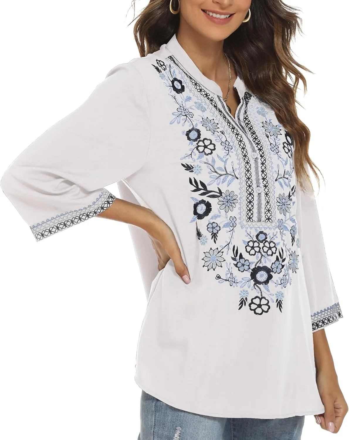 AK Embroidered Tops for Women 3/4 Sleeve Bohemian Mexican Floral Peasant Shirts Loose Tunic Blouses
