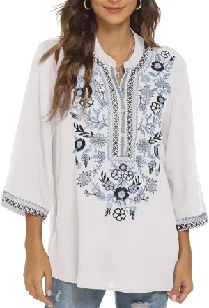 AK Embroidered Tops for Women 3/4 Sleeve Bohemian Mexican Floral Peasant Shirts Loose Tunic Blouses
