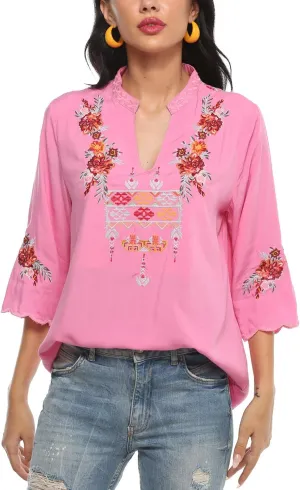 AK Women's Summer V Neck Boho Embroidered Mexican Shirts Short Sleeve Casual Tops Blouse