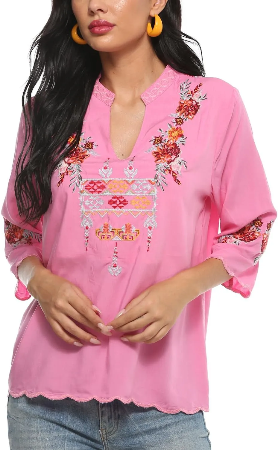 AK Women's Summer V Neck Boho Embroidered Mexican Shirts Short Sleeve Casual Tops Blouse
