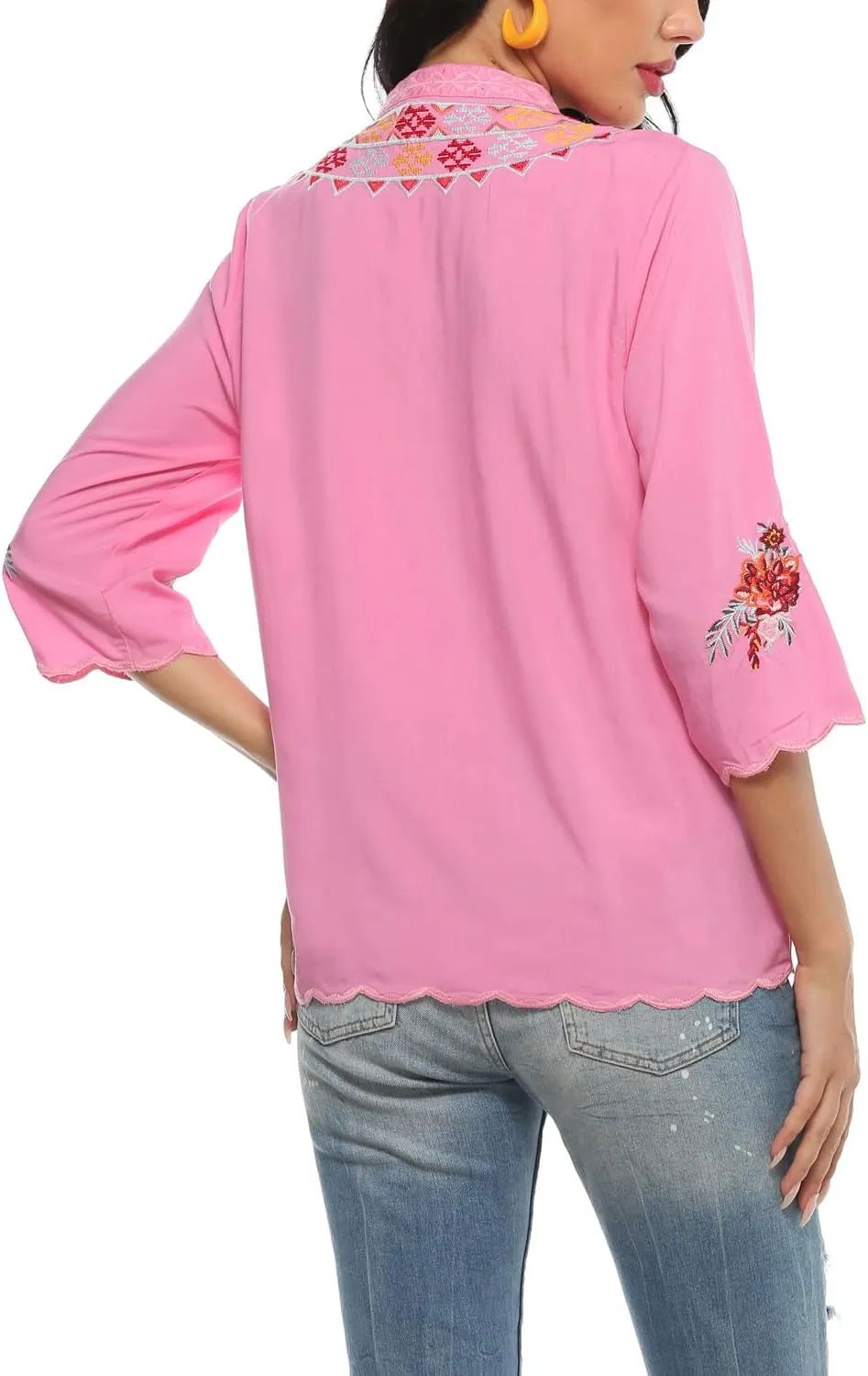 AK Women's Summer V Neck Boho Embroidered Mexican Shirts Short Sleeve Casual Tops Blouse