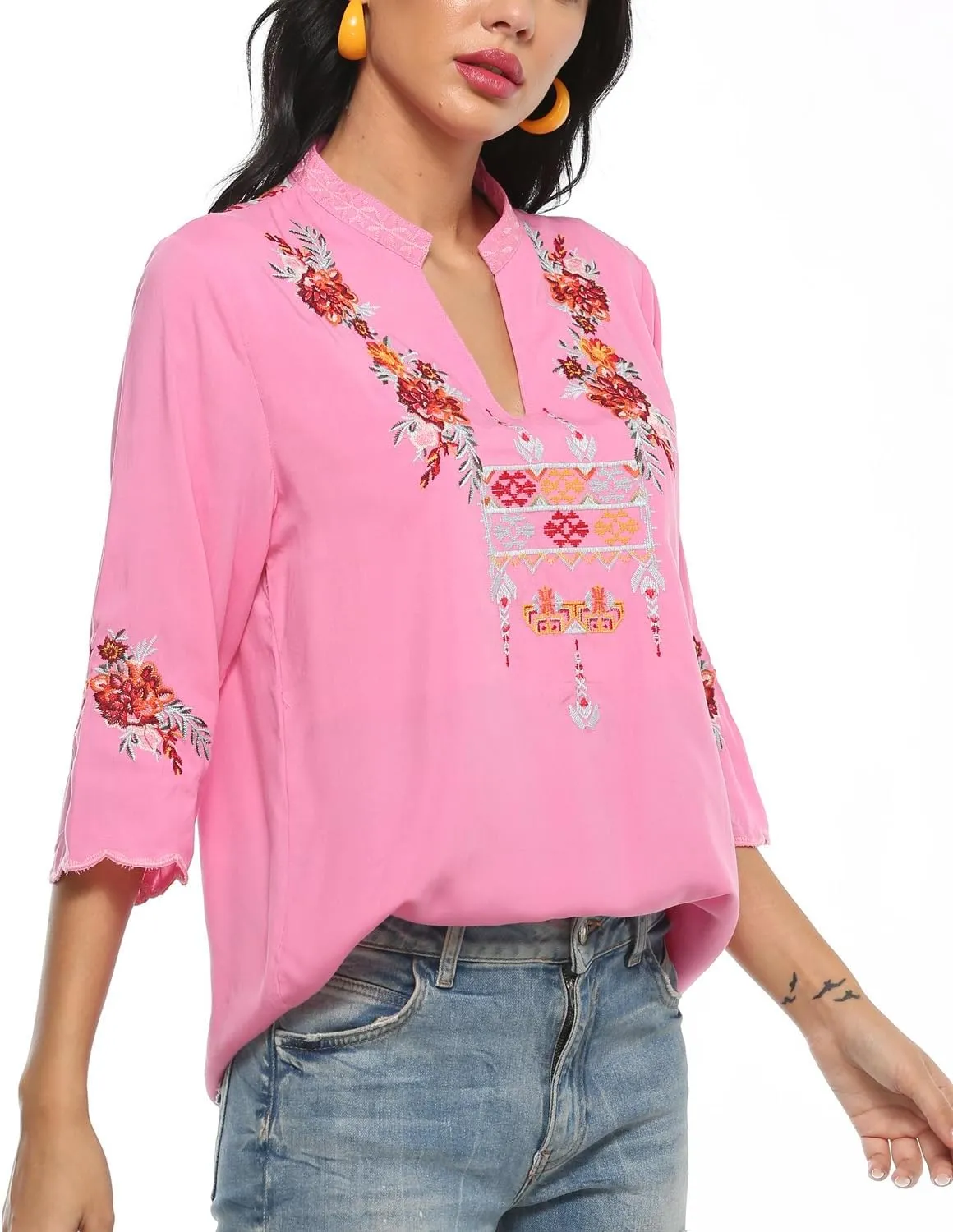 AK Women's Summer V Neck Boho Embroidered Mexican Shirts Short Sleeve Casual Tops Blouse