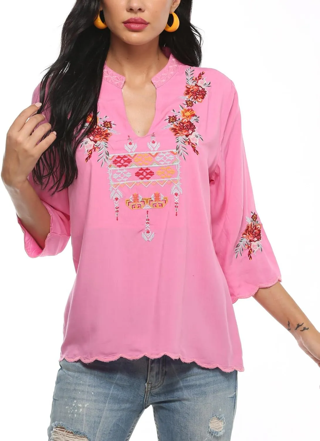 AK Women's Summer V Neck Boho Embroidered Mexican Shirts Short Sleeve Casual Tops Blouse