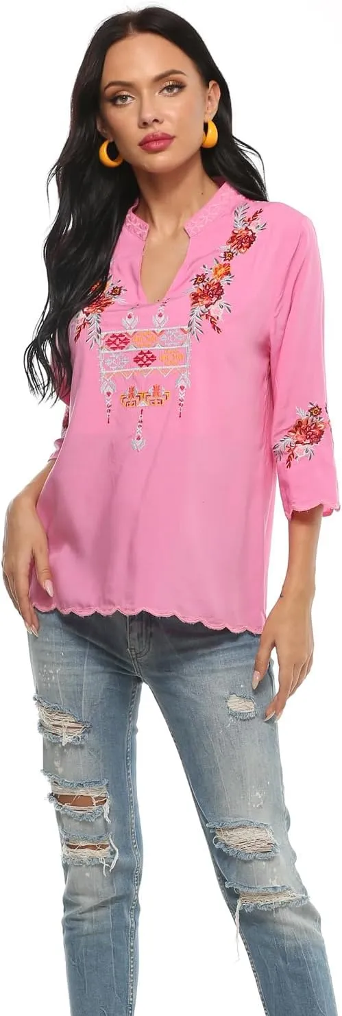 AK Women's Summer V Neck Boho Embroidered Mexican Shirts Short Sleeve Casual Tops Blouse