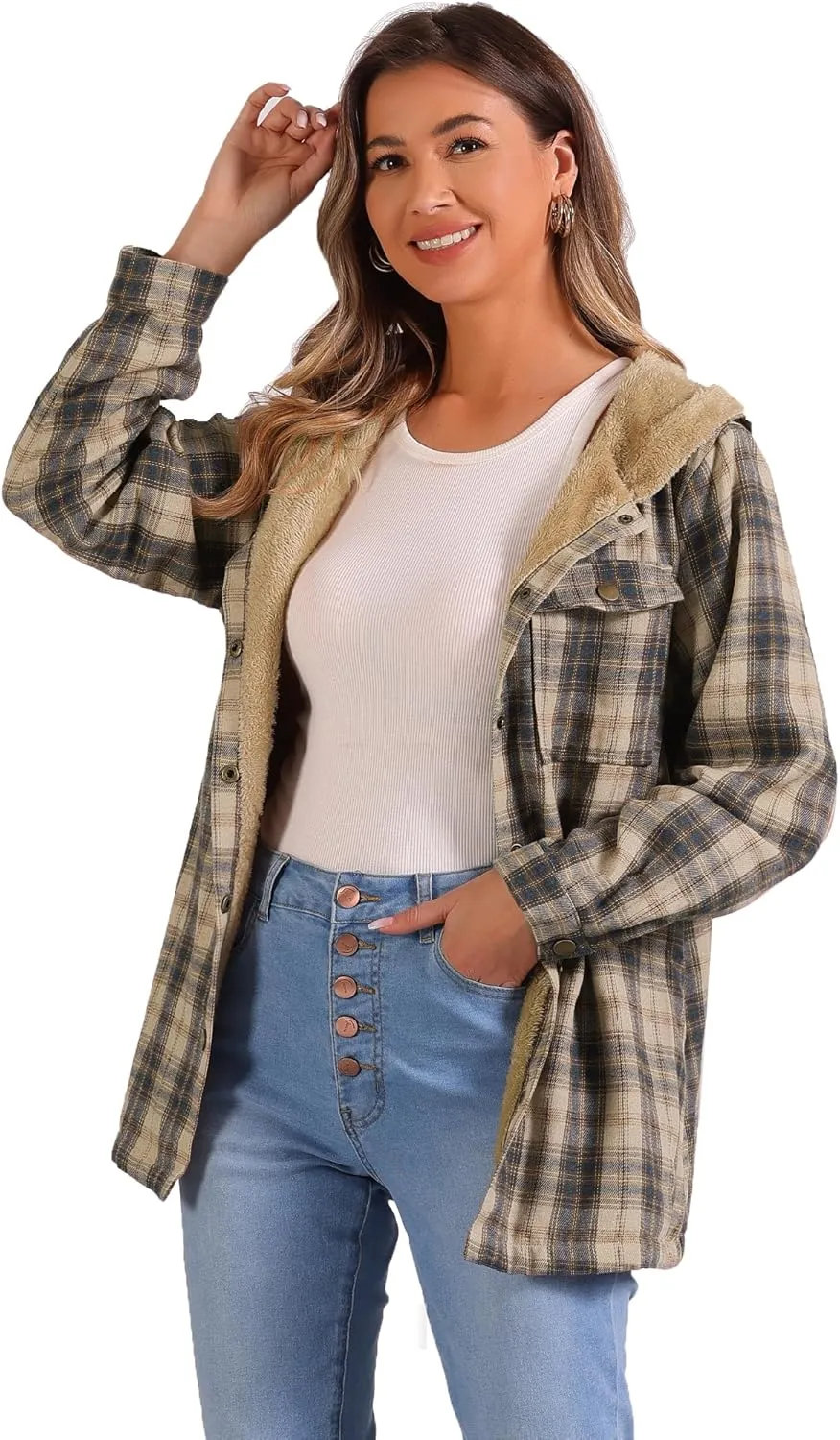 Allegra K Fleece Shacket Jacket for Women's Plaid Button Down Long Sleeve Shirt 2024 Fall Winter Outfits Clothes with Hooded