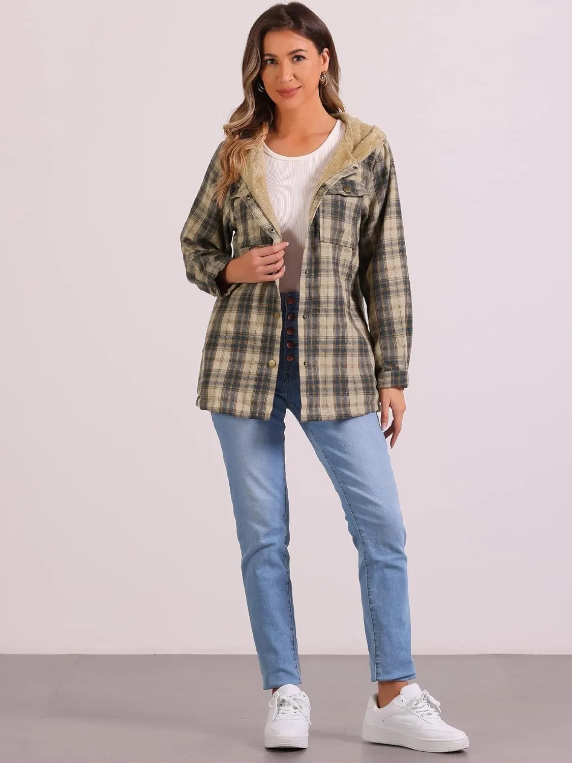 Allegra K Fleece Shacket Jacket for Women's Plaid Button Down Long Sleeve Shirt 2024 Fall Winter Outfits Clothes with Hooded