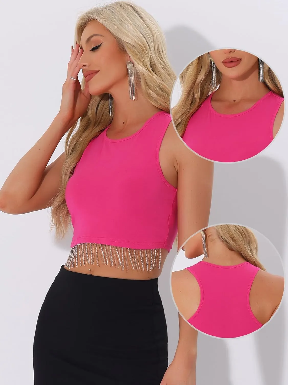 Allegra K Fringe Tops for Women's Y2K Raceback Top Sleeveless Sparkly Glitter Tassel Tank Crop Rhinestone Tops