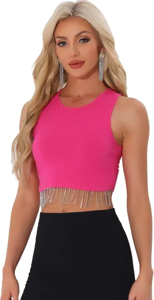 Allegra K Fringe Tops for Women's Y2K Raceback Top Sleeveless Sparkly Glitter Tassel Tank Crop Rhinestone Tops