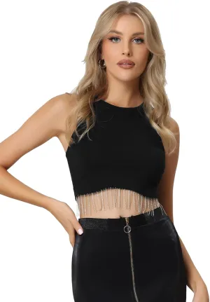 Allegra K Fringe Tops for Women's Y2K Raceback Top Sleeveless Sparkly Glitter Tassel Tank Crop Rhinestone Tops