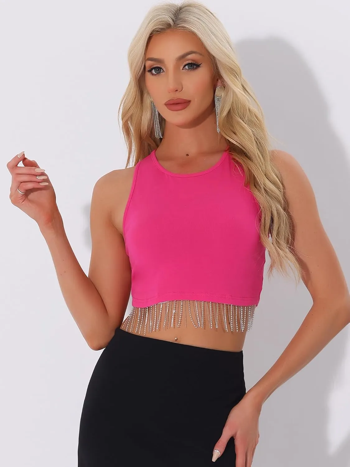 Allegra K Fringe Tops for Women's Y2K Raceback Top Sleeveless Sparkly Glitter Tassel Tank Crop Rhinestone Tops