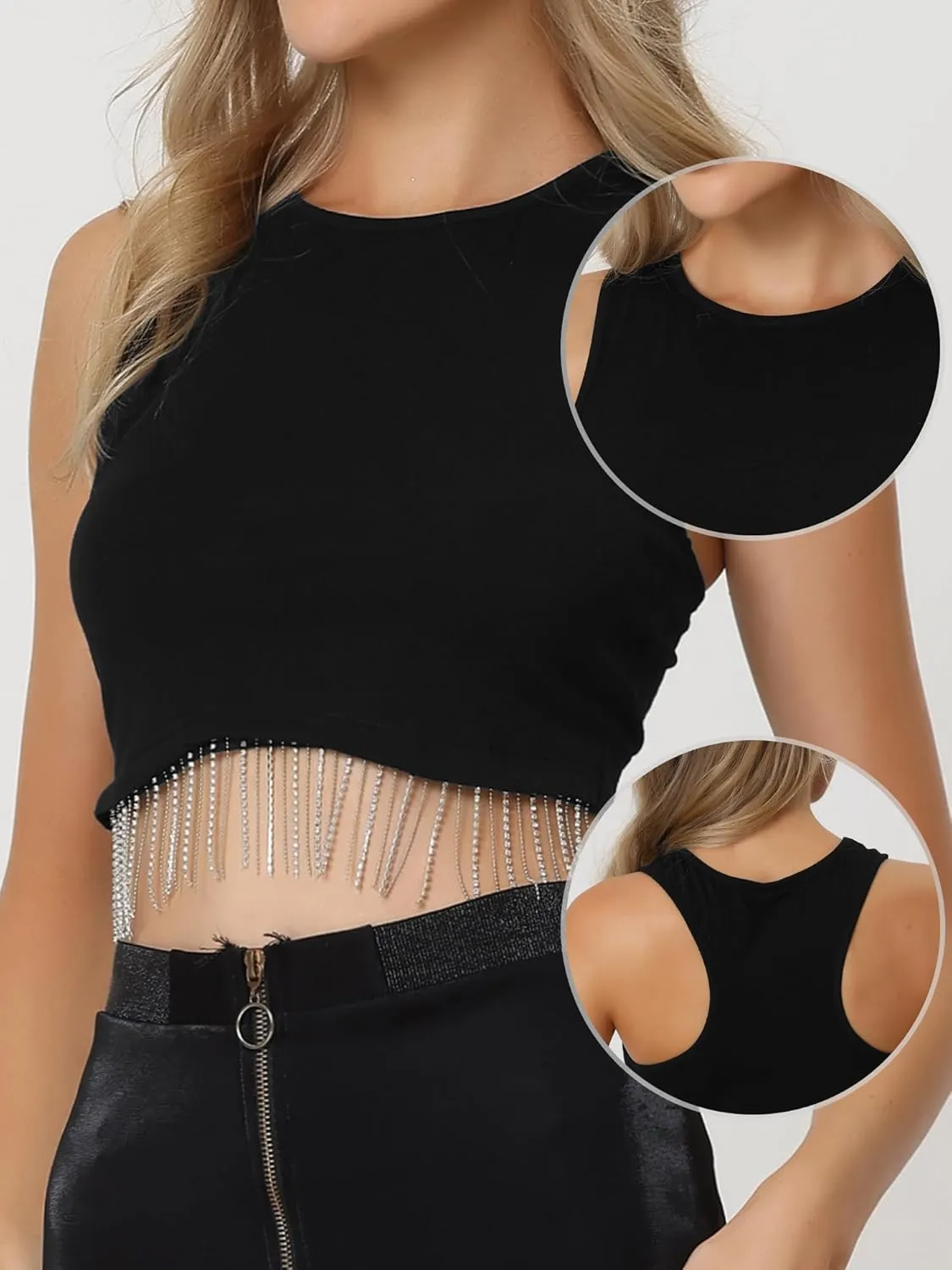 Allegra K Fringe Tops for Women's Y2K Raceback Top Sleeveless Sparkly Glitter Tassel Tank Crop Rhinestone Tops