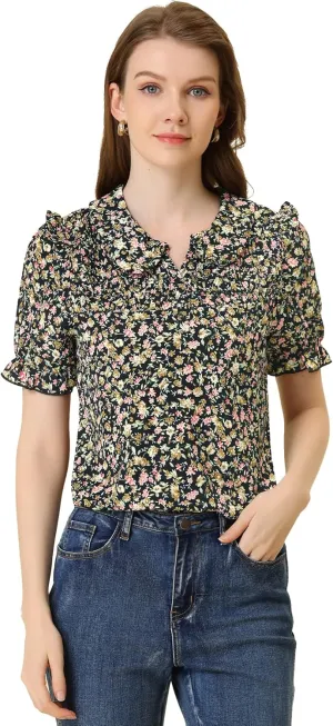 Allegra K Peter Pan Collar Tops for Women's Puff Short Sleeve Ruffle Vintage Smocked Floral Blouse