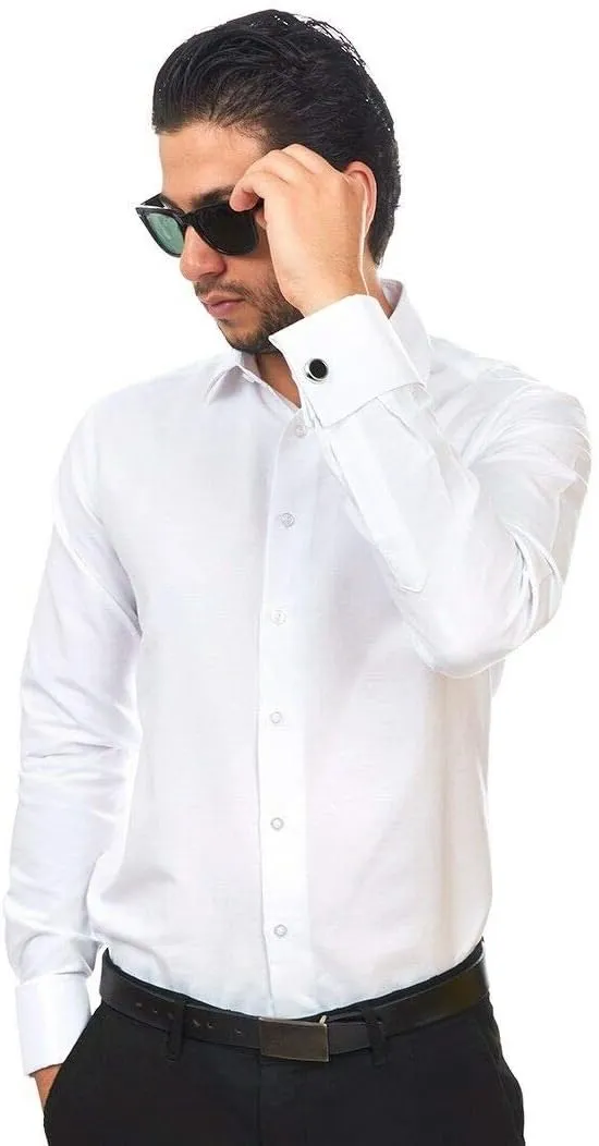 AZAR MAN Slim fit Solid White French Cuff Dress Shirt