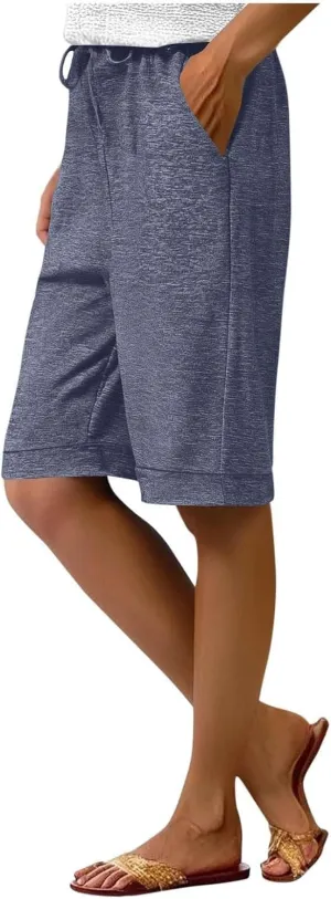 Bermuda Shorts for Women Knee Length Linen Capris Summer Casual Straight Leg Loose Beach Capri Pants with Pockets