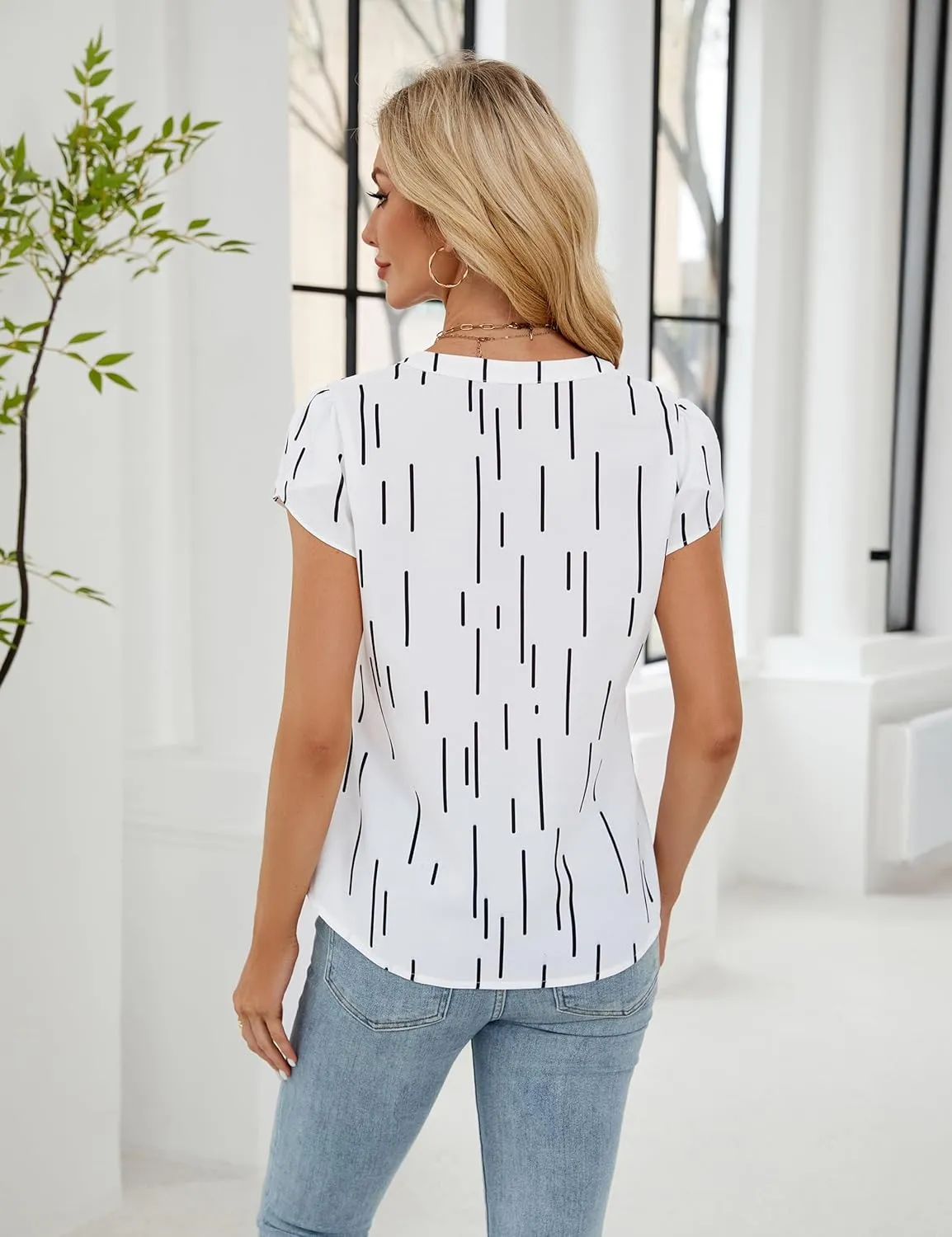 Blooming Jelly Women's Dressy Casual Tops Business Work Blouses White Button Down Shirts Cap Sleeve V Neck Tshirt