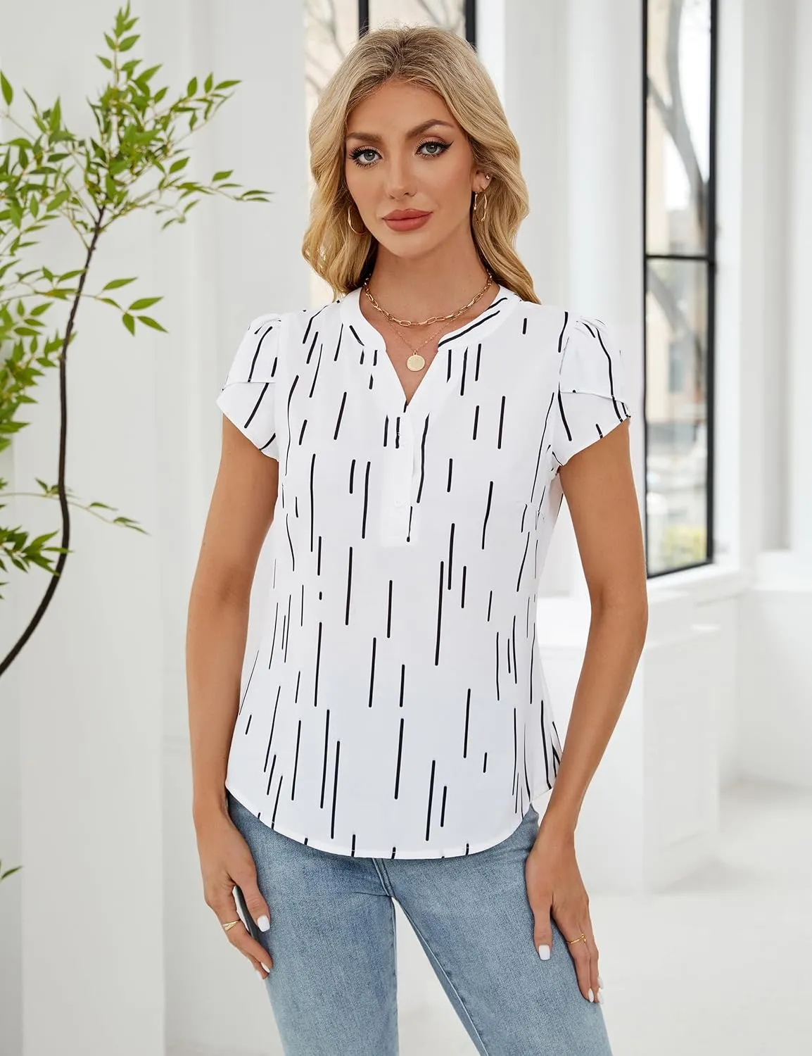 Blooming Jelly Women's Dressy Casual Tops Business Work Blouses White Button Down Shirts Cap Sleeve V Neck Tshirt