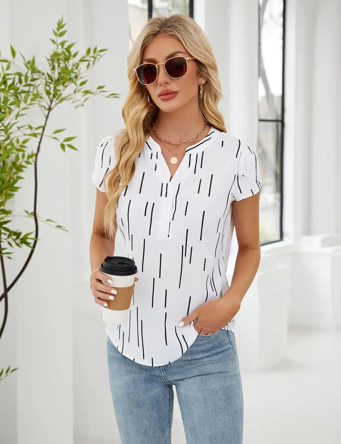 Blooming Jelly Women's Dressy Casual Tops Business Work Blouses White Button Down Shirts Cap Sleeve V Neck Tshirt
