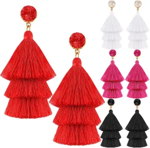 Bonuci 4 Pairs Tassel Earrings Red Earrings for Women Tassel Earring for Women Bohemian Druzy Stud Dangle Birthday Wedding Daily