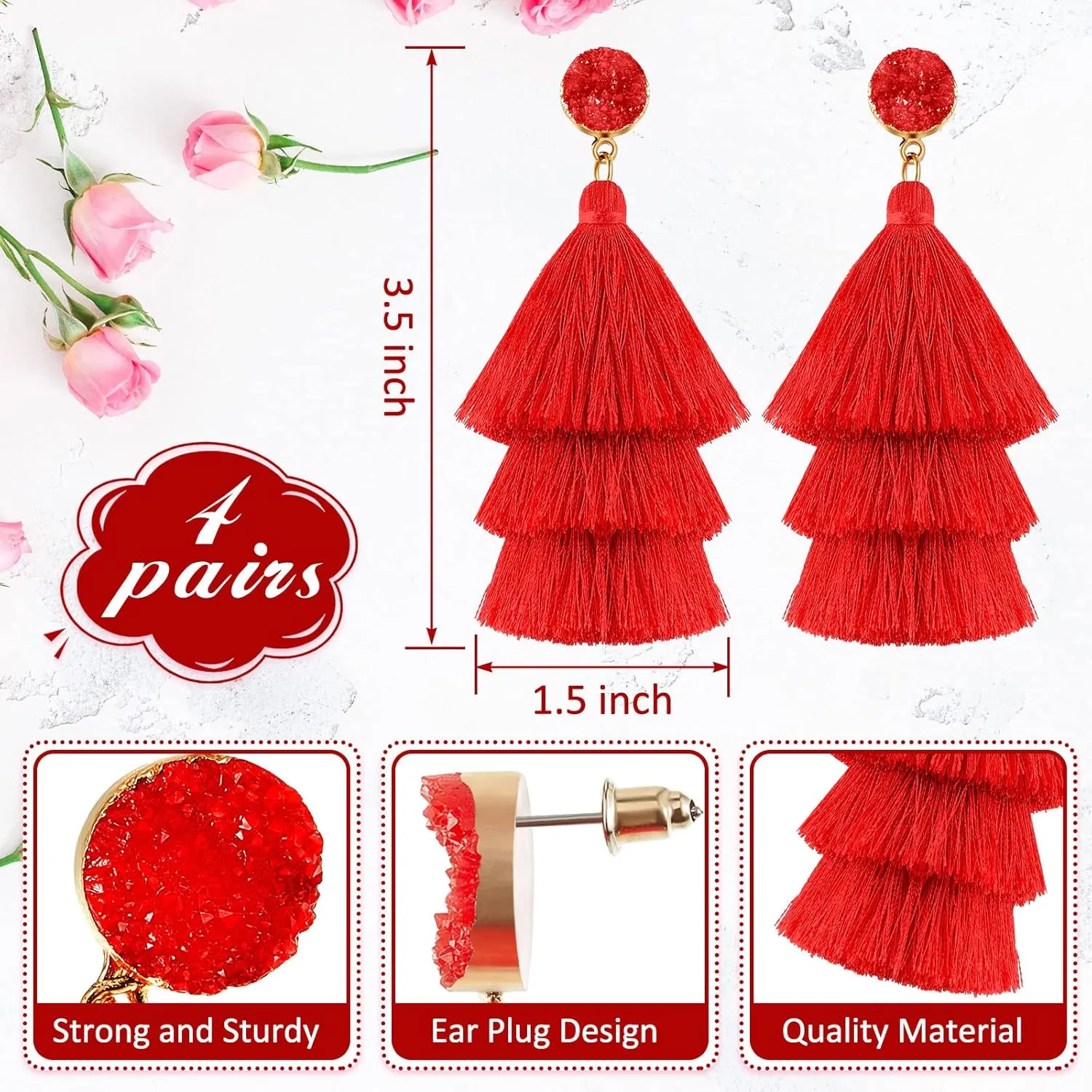 Bonuci 4 Pairs Tassel Earrings Red Earrings for Women Tassel Earring for Women Bohemian Druzy Stud Dangle Birthday Wedding Daily