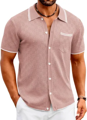 COOFANDY Men's Knit Button Down Shirt Vintage Polo Shirts Short Sleeve Summer Beach Shirts