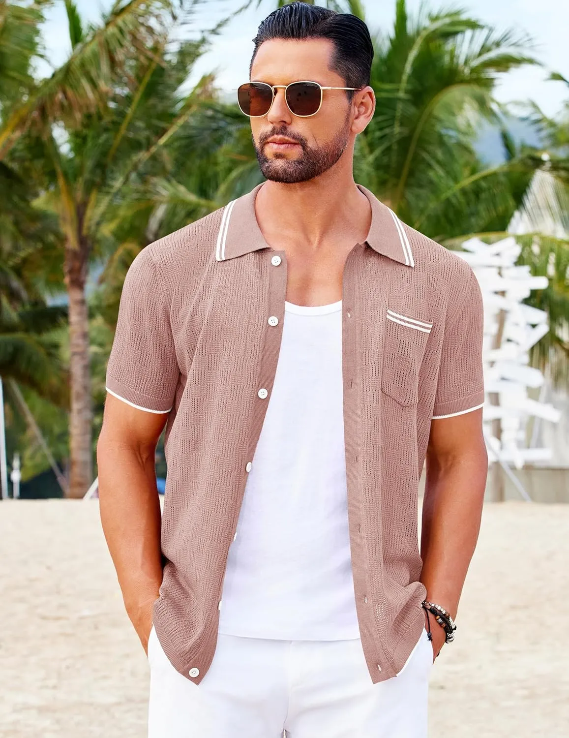 COOFANDY Men's Knit Button Down Shirt Vintage Polo Shirts Short Sleeve Summer Beach Shirts
