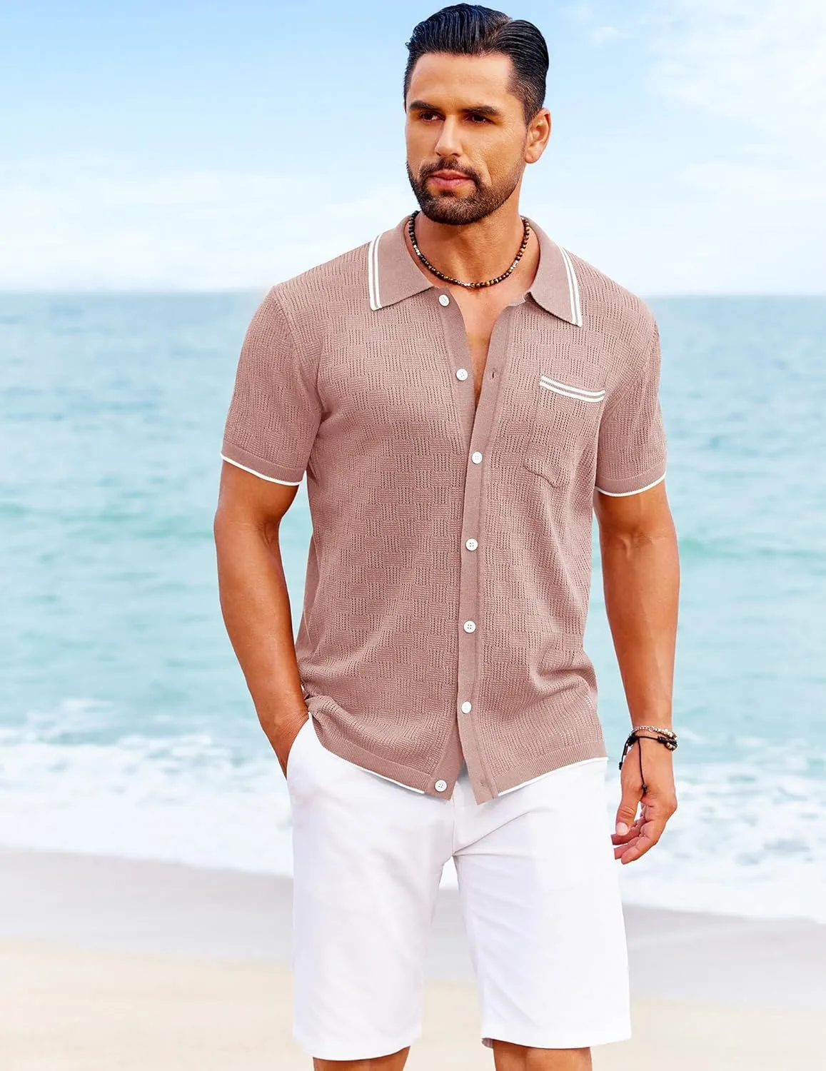 COOFANDY Men's Knit Button Down Shirt Vintage Polo Shirts Short Sleeve Summer Beach Shirts
