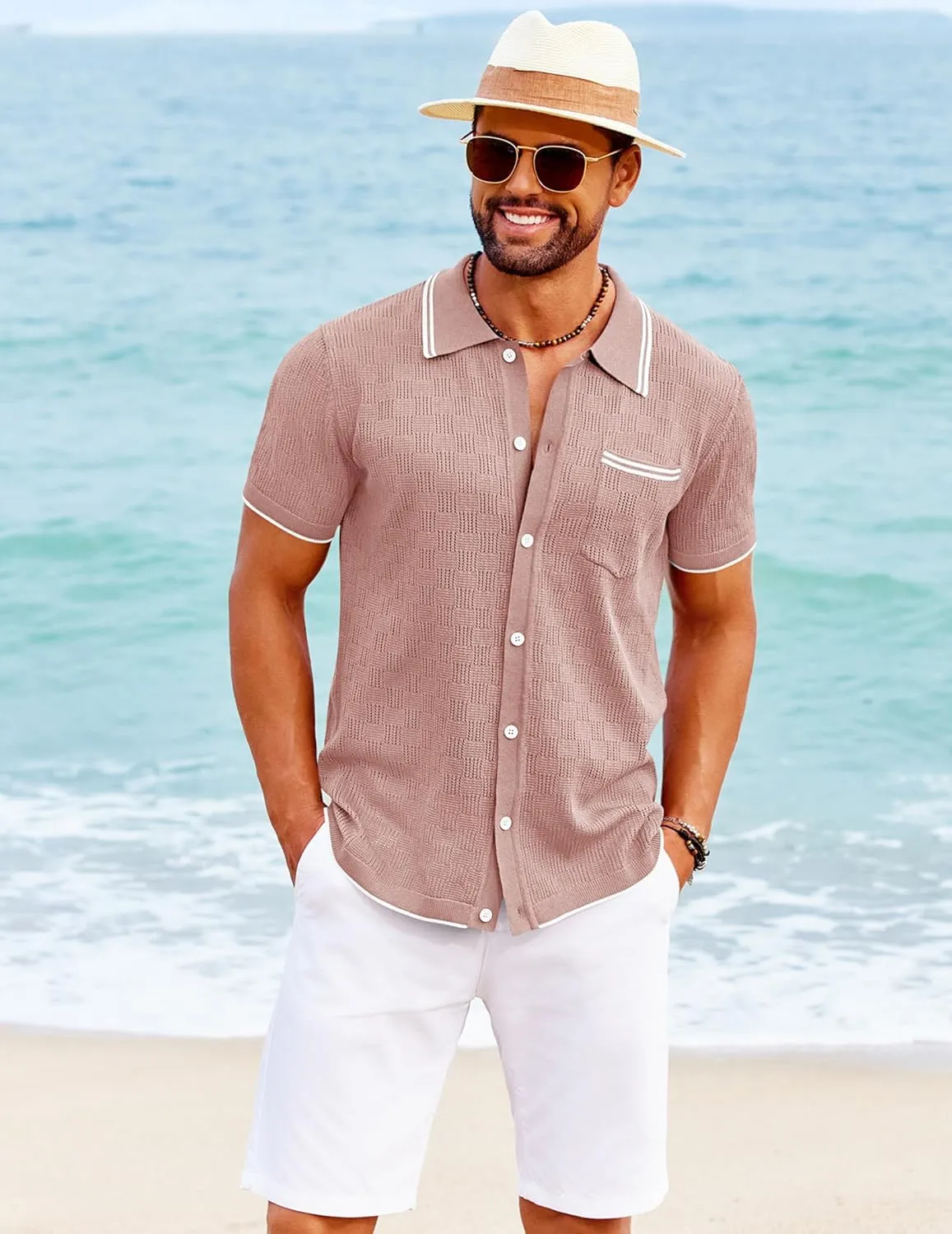 COOFANDY Men's Knit Button Down Shirt Vintage Polo Shirts Short Sleeve Summer Beach Shirts