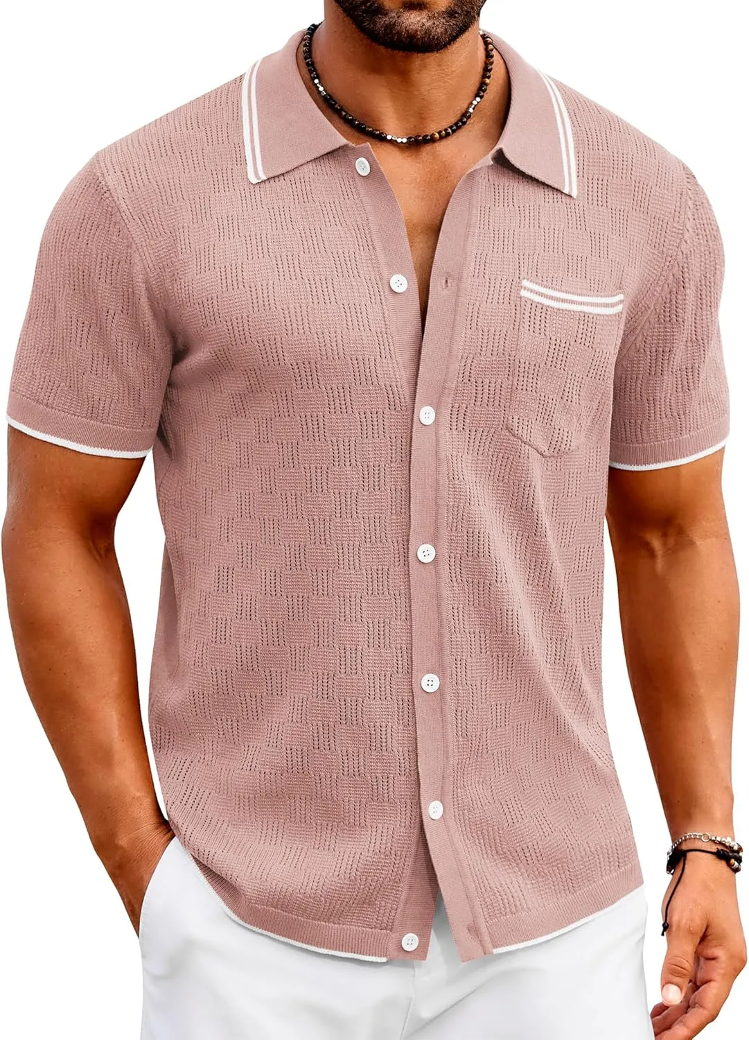 COOFANDY Men's Knit Button Down Shirt Vintage Polo Shirts Short Sleeve Summer Beach Shirts