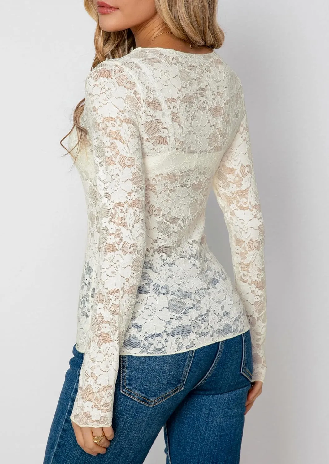 Diosun Womens Lace Floral Tops Long Sleeve Mesh Round Neck Sexy See Through Shirts Floral Blouses Top