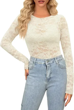 Diosun Womens Lace Floral Tops Long Sleeve Mesh Round Neck Sexy See Through Shirts Floral Blouses Top