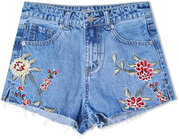 Dreamskull Women High Waist Frayed Hem 3D Daisy Floral Embroidered Denim Shorts