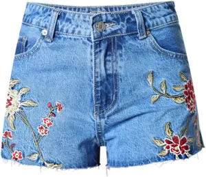 Dreamskull Women High Waist Frayed Hem 3D Daisy Floral Embroidered Denim Shorts