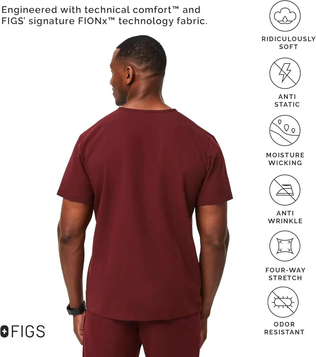 FIGS Leon Scrub Top for Men  3 Pockets, Tailored Fit, Modern V-Neck, 4-Way Stretch, Moisture-Wicking
