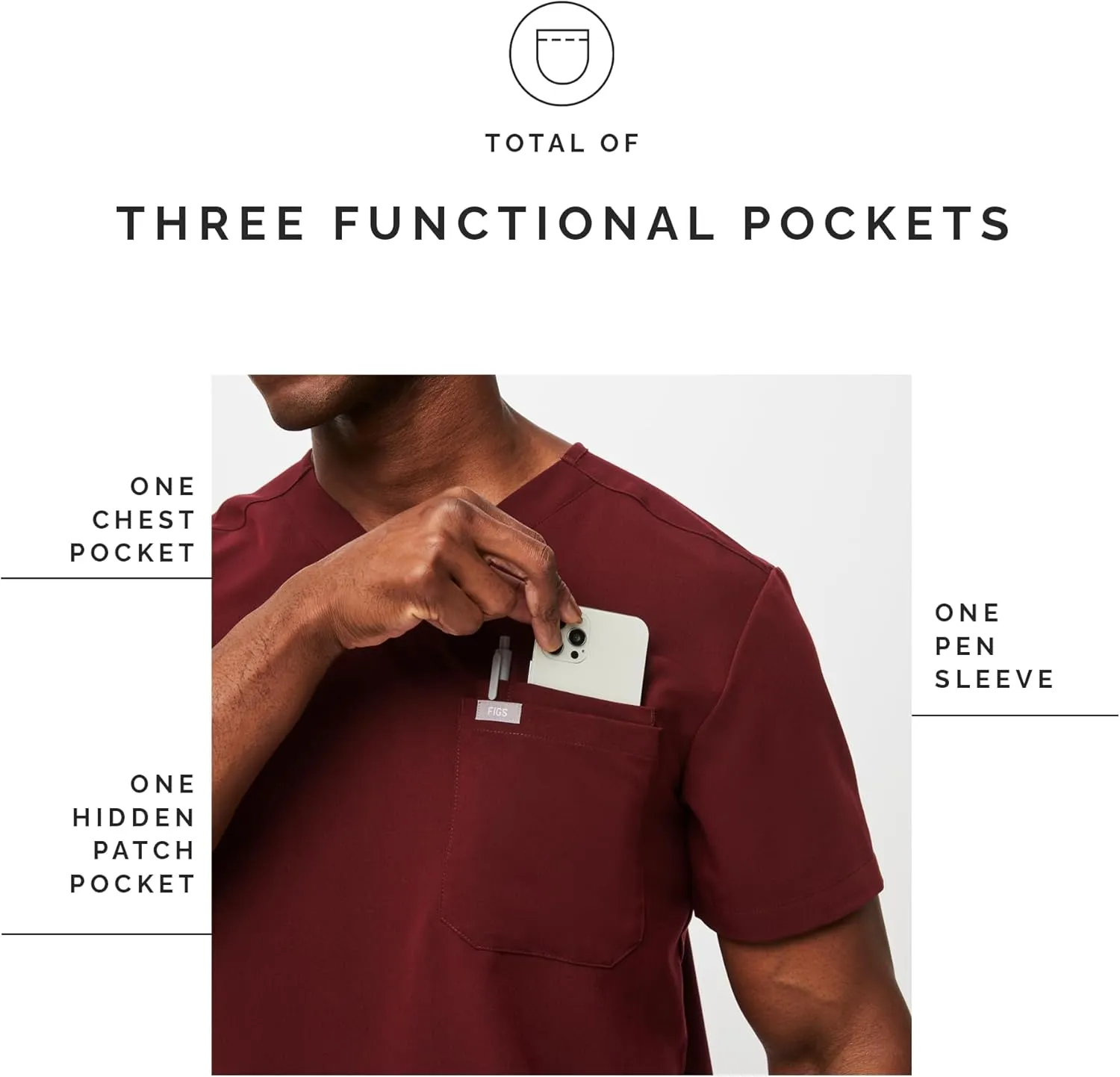 FIGS Leon Scrub Top for Men  3 Pockets, Tailored Fit, Modern V-Neck, 4-Way Stretch, Moisture-Wicking