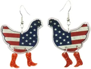 Fuuny Chicken Independence Day Earrings for Women American Star American Flag Tassel Leather Earrings Blue White Red Patriotic Teardrop Dangle Jewelry