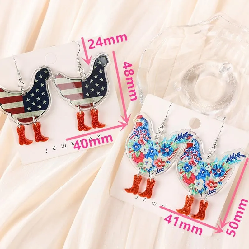 Fuuny Chicken Independence Day Earrings for Women American Star American Flag Tassel Leather Earrings Blue White Red Patriotic Teardrop Dangle Jewelry