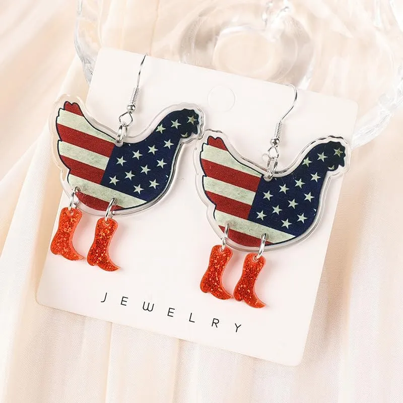 Fuuny Chicken Independence Day Earrings for Women American Star American Flag Tassel Leather Earrings Blue White Red Patriotic Teardrop Dangle Jewelry