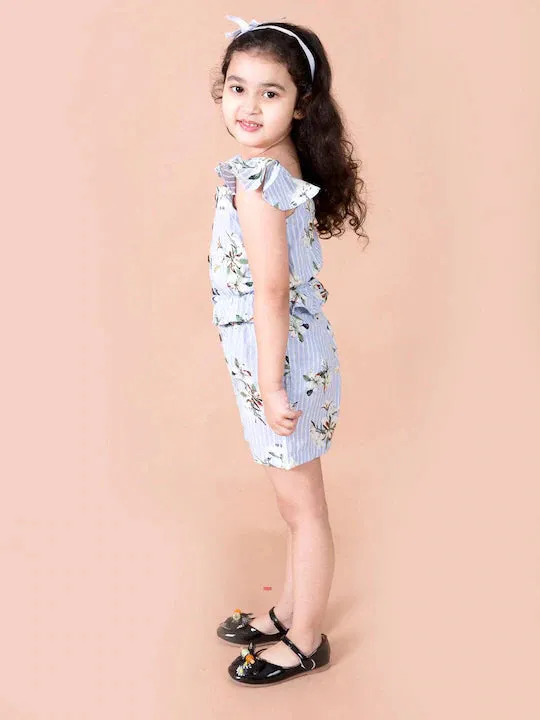 Girls Blue Floral Printed Top With Shorts