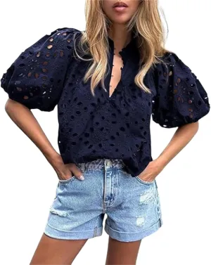 hathne Women's Embroidered Eyelet Blouses Tops Summer V Neck Hollow Out Lantern Short Sleeve Shirts