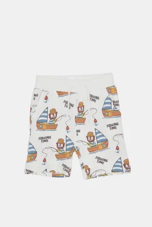Infant Boys White Printed Boat Printed Active Shorts