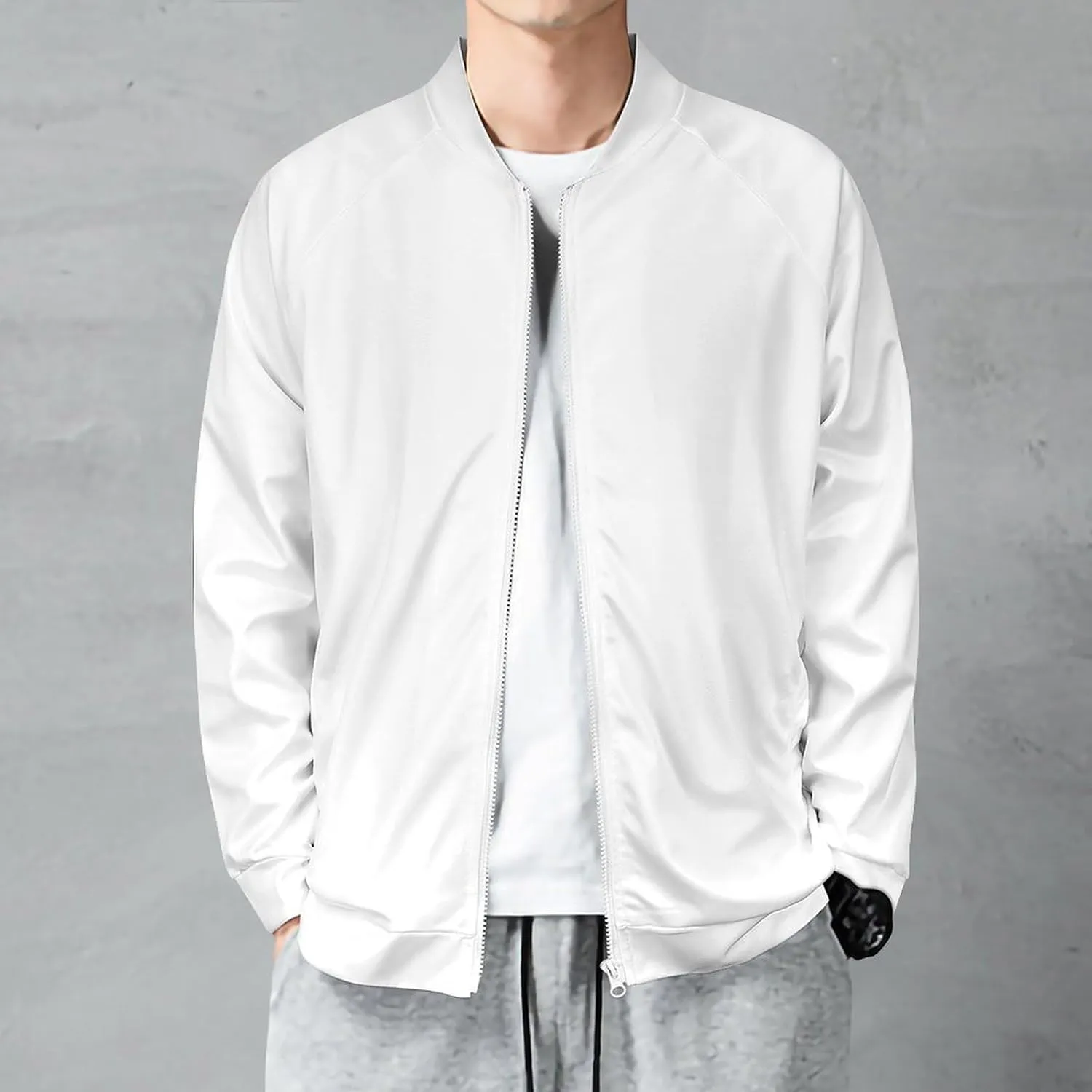 Jackets for Men - White Casual Lightweight Zip Up Bomber Jacket Men Spring Fall Windbreaker