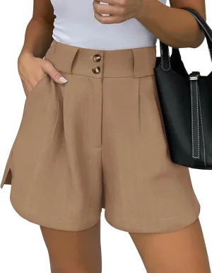 KIRUNDO Womens Shorts Dressy Casual 2025 Trendy Summer Elastic High Waisted Pleated Side Slit Business Work Shorts Pockets