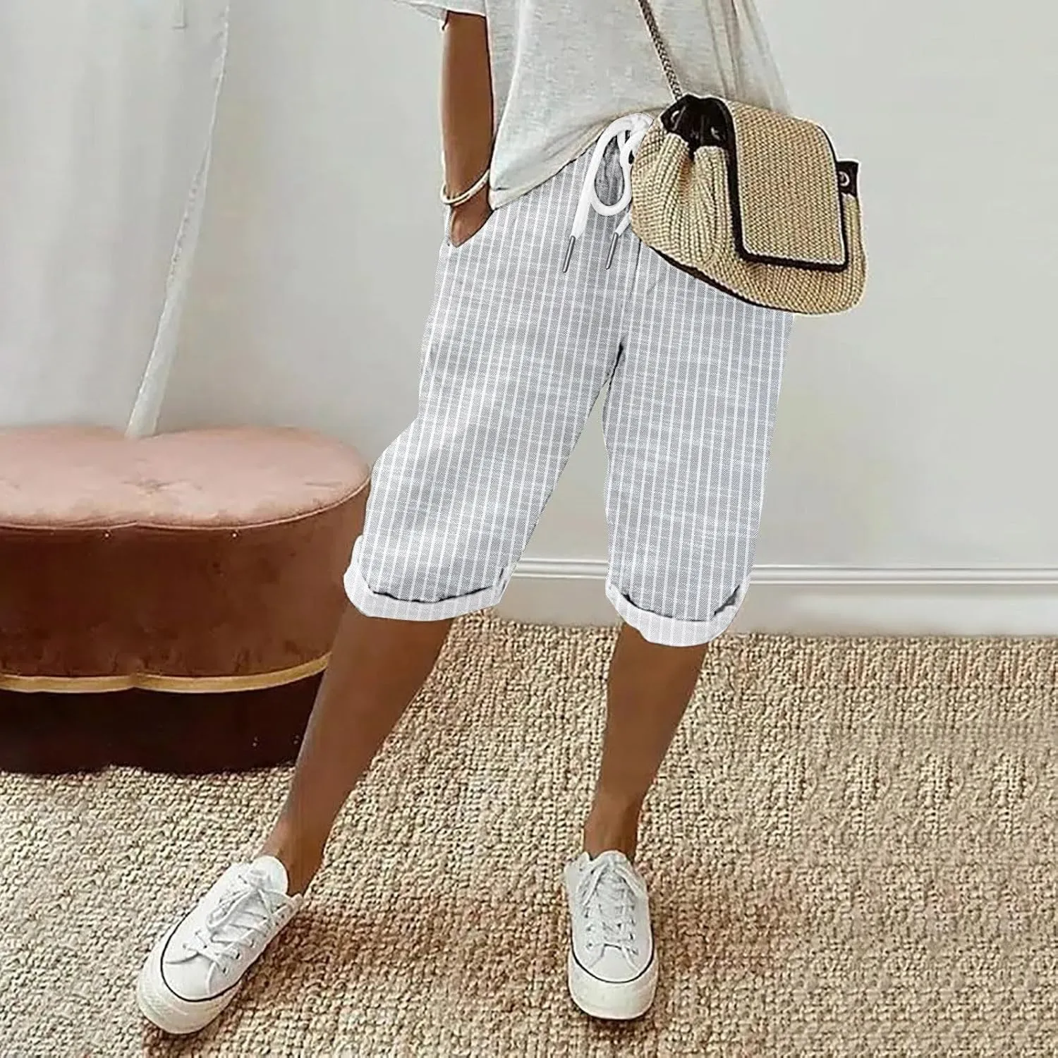 LCMTWX Linen Pants Women Work Pants Womens Autumn Linen Striped Elastic Waistband High Waistband Two Pockets Casual Pants
