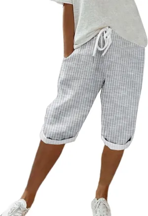 LCMTWX Linen Pants Women Work Pants Womens Autumn Linen Striped Elastic Waistband High Waistband Two Pockets Casual Pants
