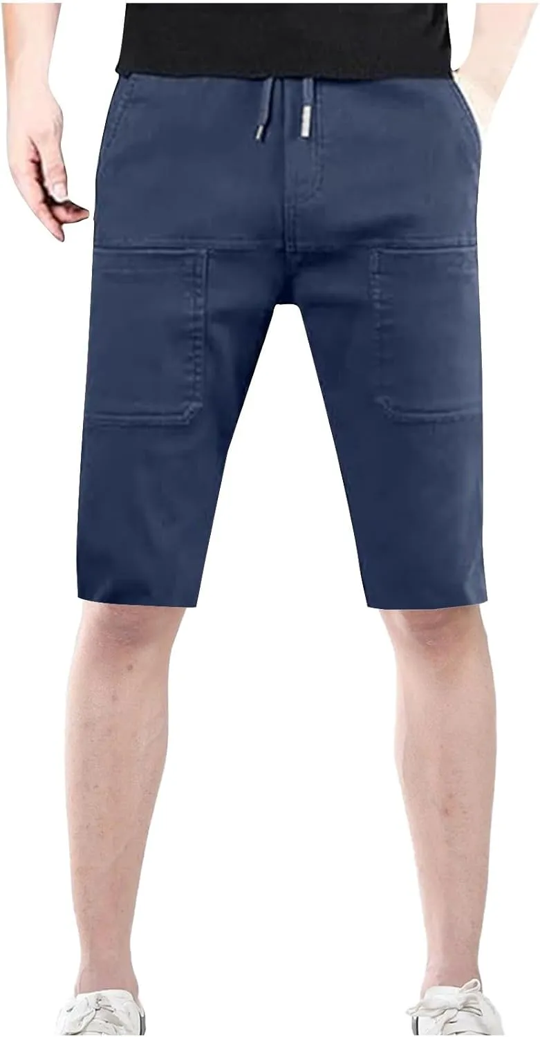 Mens Cargo Shorts Summer Casual Knee Length Stretchy Work Hiking Fishing Shorts Elastic Waist Waterproof Short Pants